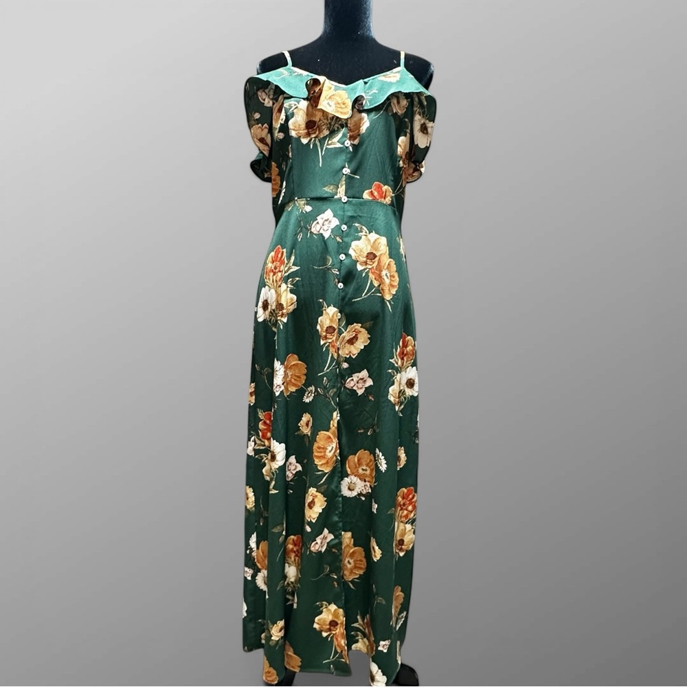 Altered State Boho Floral Maxi Dress Green Ruffle Slit Adjustable Straps Size M